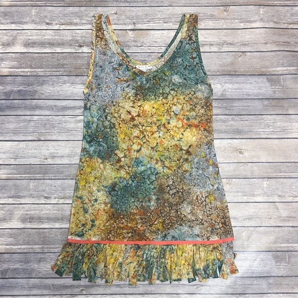Shan Canada Abstract Mesh Scoop Neck Sleeveless Fringe Layered Mini Dress Tunic - Picture 6 of 9